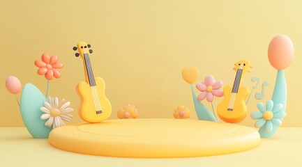 Naklejka premium Cute 3D Rendering of Colorful Cart with Flowers