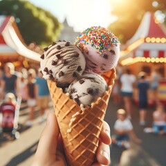 a hand holding a cone of ice cream with chocolate sprinkles and sprinkles on top, Edi Rama, aestheticism, food photography, 