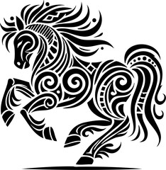 Fototapeta premium Bold black silhouette of a tribal horse head, outlined to emphasize its symbolic meaning. Perfect for designs rooted in culture and nature.