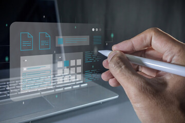 Hand holding a pen with virtual notepad to check notes, schedule, appointments or study something.  E-learning concept. Paperless.