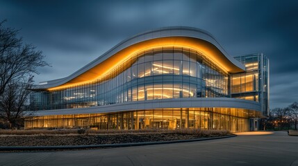 The elegant curves of a contemporary building, fully illuminated at night, with the lights reflecting off its glass