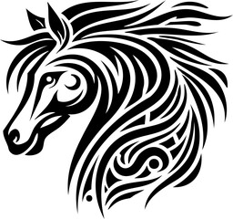 Obraz premium This tribal horse head in black silhouette has a bold outline. The symbolic design represents wildness and tradition. Great for ethnic and abstract art.