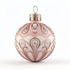 A beautiful 3D icon of a vintage Christmas ornament, designed in soft pink hues, isolated against a bright white background