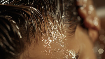 Sensitive scalp shampoo being massaged into the roots, with smooth, healthy hair and no signs of irritation
