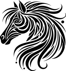 Obraz premium A bold black silhouette of a horse head in tribal design. Its symbolic outline reflects strength and tradition. Great for ethnic or animal-themed artwork.