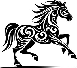Fototapeta premium The tribal horse head is depicted in a black silhouette with a clean outline. Symbolic and bold, it’s great for tattoos or ethnic-themed illustrations.