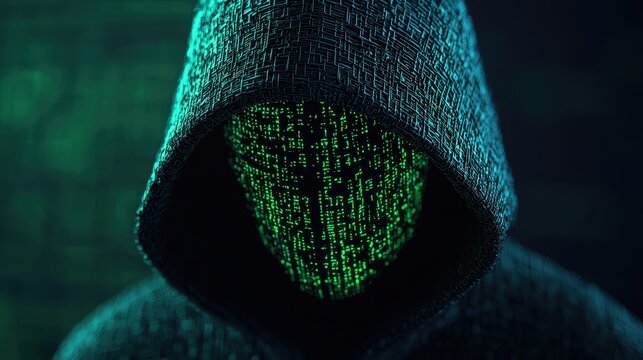 A mysterious figure cloaked in a hoodie, illuminated by green code, symbolizing cybersecurity and digital anonymity.