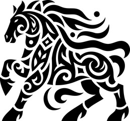 Obraz premium Tribal horse head outlined in bold black silhouette. This symbolic design captures the wild spirit and heritage of the horse. Ideal for tattoos or cultural artwork.