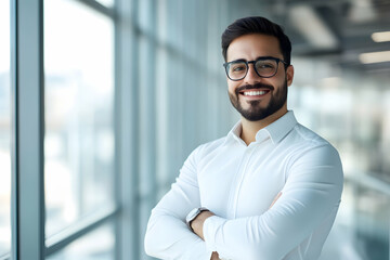 Obraz premium Professional man smiling confidently in modern office, business casual portrait