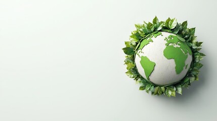 A globe surrounded by green leaves, symbolizing environmental conservation and sustainability, with a clean, isolated background.