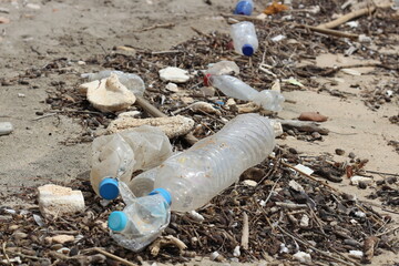 Obraz premium Plastic Bottles Washed Ashore by the Waves on a Polluted Beach