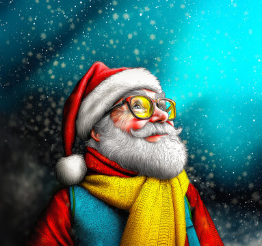 A cartoon-drawn design close-up of Santa Claus,  the art style is pencil, colorful, high resolution
