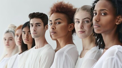 Fototapeta premium A Group of Diverse Individuals Looking Forward, Dressed in White
