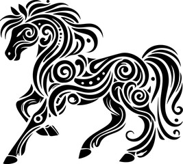 Fototapeta premium A striking outline of a horse head in black silhouette. The tribal pattern represents wild spirit and cultural heritage. Great for tattoo or tribal-themed artwork.
