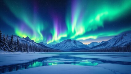 Northern lights over the snowy mountains, frozen sea, reflection in water at winter night in Lofoten, Norway. Aurora borealis and snowy rocks. Landscape with polar lights, road, starry sky and fjord