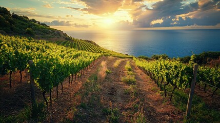Naklejka premium Serene Vineyard Overlooking the Sea at Sunset