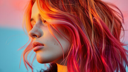 Naklejka premium Vibrantly colored hair with a focus on the use of color-protecting shampoo and conditioner for lasting brightness