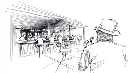 Sketch of a lively bar scene with a performer and audience enjoying music.