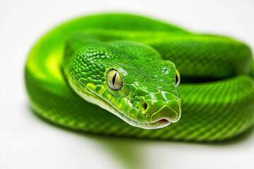 Fototapeta premium Snake Isolated On White: Cute green snake and vibrant skin texture,Snake Head, Attacking Snake, Viper, Reptiles , Serpent 