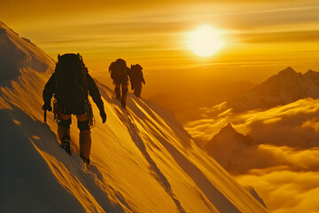Mountaineers climbing snowy peak at sunset, dramatic alpine expedition scene