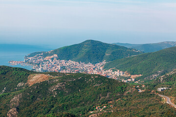 Naklejka premium Panoramic view of the Budva Riviera coastline in Montenegro, as seen from the top of a mountain