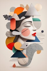 A surreal contemporary collage depicting a woman's profile surrounded by vibrant shapes and colors, blending various textures and styles to create a dreamlike atmosphere