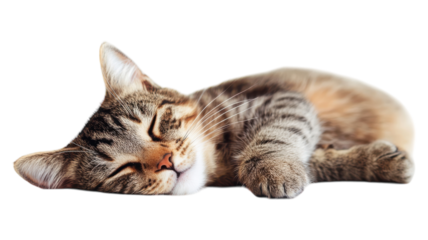 A cozy tabby cat peacefully sleeping on a soft surface in a warm, serene indoor environment during the afternoon light.