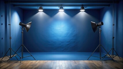 Dark blue studio room with spotlight backdrop for showcasing products or artwork, studio, room, dark blue, spotlight