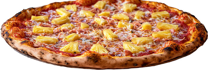 Pineapple pizza, top view full-length, showcased on a transparent background.