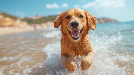 Dog enjoying a summer day at the beach. Running along the shoreline, playing with a ball. Emphasizing fun and active lifestyle. Ideal for pet travel brochures.