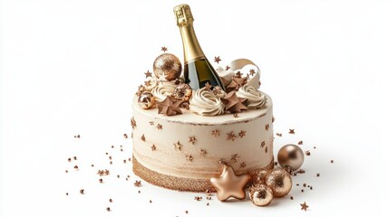 Sparkling New Year 2025 cake with champagne bottle and glittery decorations, isolated on white background
