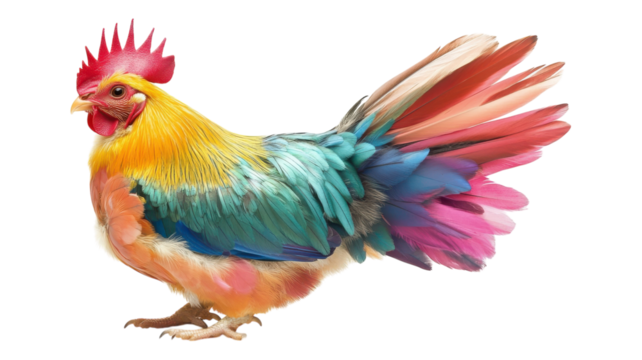 Colorful rooster with vibrant plumage displaying its feathers in a lively manner against a transparent backdrop.