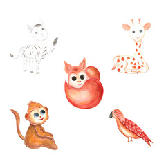 Animals watercolor. Hand draw watercolor illustrations on white background. Animals watercolor for design