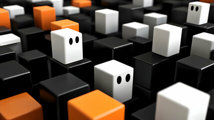 An abstract Halloween background with geometric shapes in shades of black and orange, arranged symmetrically to resemble pumpkins and ghosts