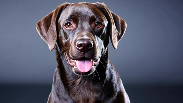 A chocolate Labrador Retriever sits in front of a gray background, smiling with its tongue out