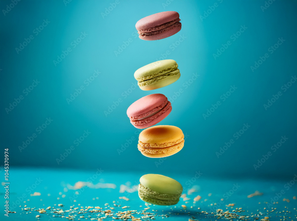 Poster three colorful macarons are floating against a blue background.