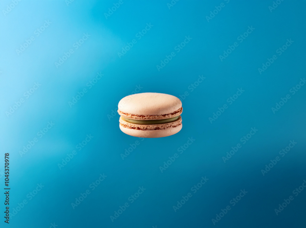 Poster a single macaron with green filling is floating against a blue background.