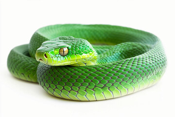 Fototapeta premium Snake Isolated On White: Cute green snake and vibrant skin texture,Snake Head, Attacking Snake, Viper, Reptiles , Serpent 