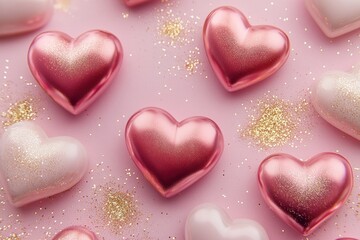 Obraz premium Scattered Hearts with Glitter on Pink Background