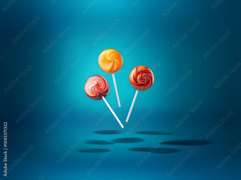 Aufkleber Three colorful lollipops with swirling patterns on a blue background.