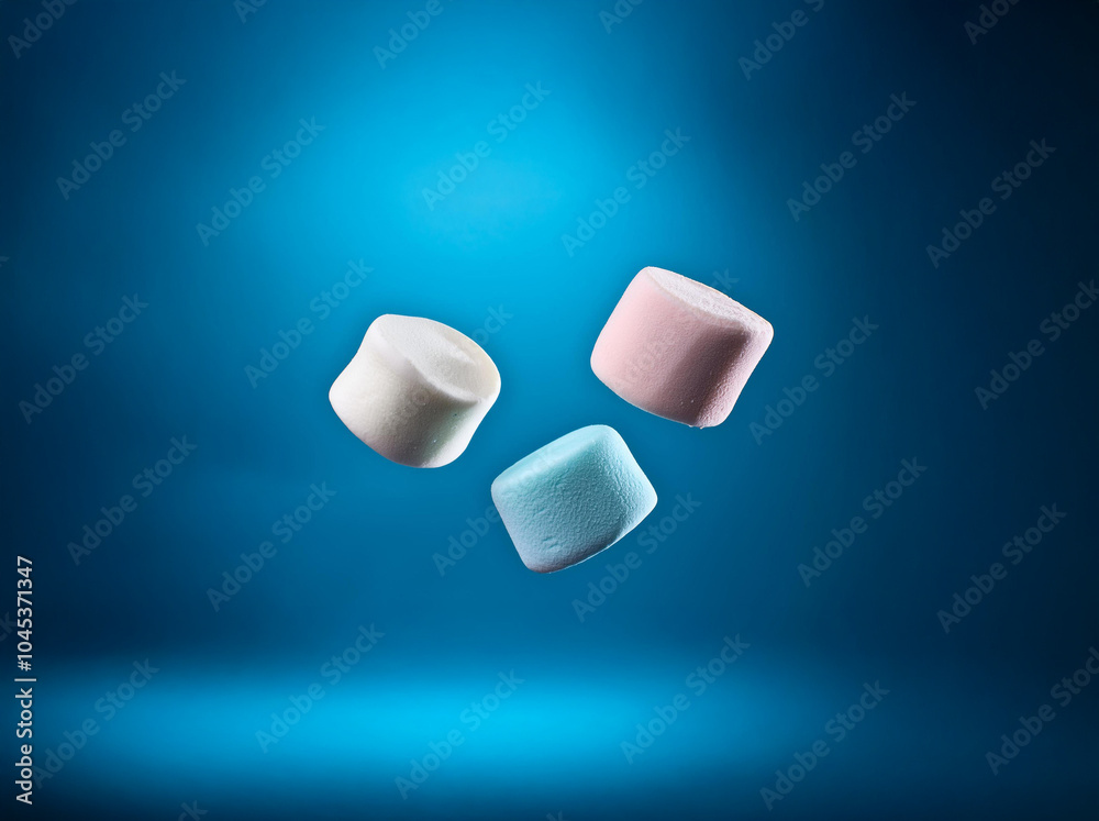 Aufkleber three marshmallows of different colors floating in the air against a blue background.