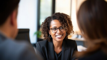 close up photo of a black middle age female lawyer with clients.
