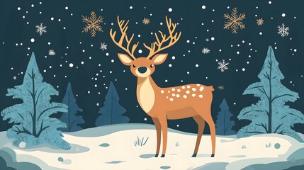 Cute Reindeer in Snowy Winter Forest