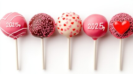 Valentine cake pops with red and pink icing, decorated with hearts and "2025," isolated on white background