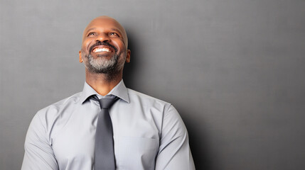 Obraz premium Retrato de hombre negro con barba y calvo sonriente con traje y corbata 