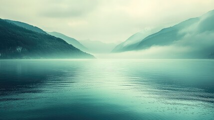 Naklejka premium Misty Morning Over Tranquil Hills and Water