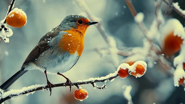 Winter bird perched on a snow-covered branch, its bright feathers contrasting against the frosty backdrop of a snowy forest. . Video