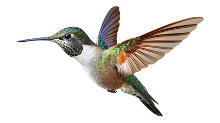 Obraz premium A vibrant hummingbird with brilliant plumage in mid-flight against a transparent background showcasing its detailed feathers.