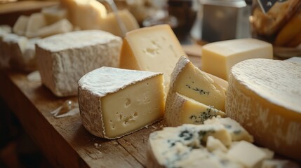 close-up of artisanal cheeses on rustic wooden counter 