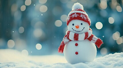 Fototapeta premium Happy snowman in a red scarf and hat, standing in a snowy outdoor landscape. Perfect for xmas, winter holiday, and new year scenes. Ideal background for merry, festive, children, and nature themes.